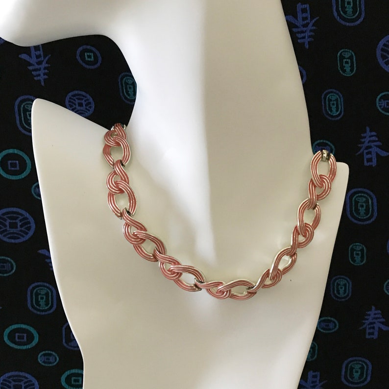 Vintage Signed MARVELLA Ribbon Stripe Enamel Groove Open Link Choker Bracelet Set Gift for Her Light Gold Tone 50s Red Pink Peach Tones