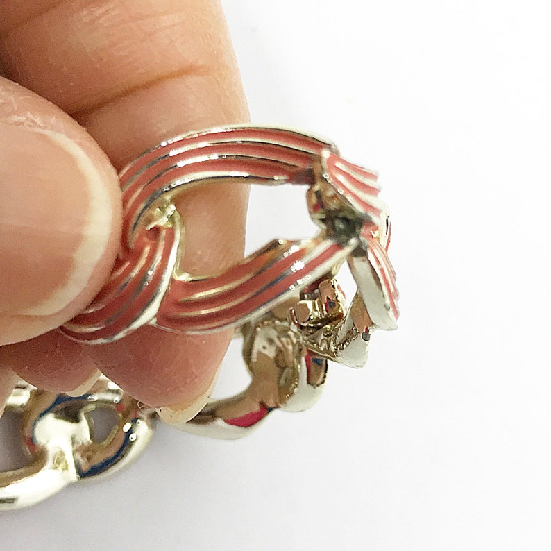 Vintage Signed MARVELLA Ribbon Stripe Enamel Groove Open Link Choker Bracelet Set Gift for Her Light Gold Tone 50s Red Pink Peach Tones