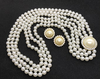 Vintage 3 Strand Faux Pearls Large Faux Pearl Encircled Rhinestones and Earrings Pierced, Wedding Holiday, 1980s, Gift for Her