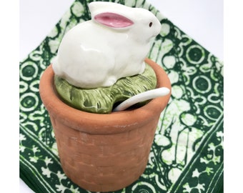 Vintage Bunny Rabbit Porcelain Lid Terra Cotta Basket Weave Bottom Jelly Jar with Spoon, Green Pink, Cute Easter Tablescape, Gift for Home