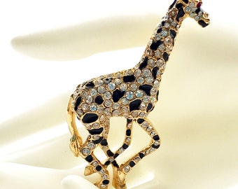 Vintage High End Pave Rhinestone Enamel Galloping Giraffe Brooch, Brushed Gold Tone Runway Bold Pin, Ruby Garnet Glass Eyes, Gift for Her