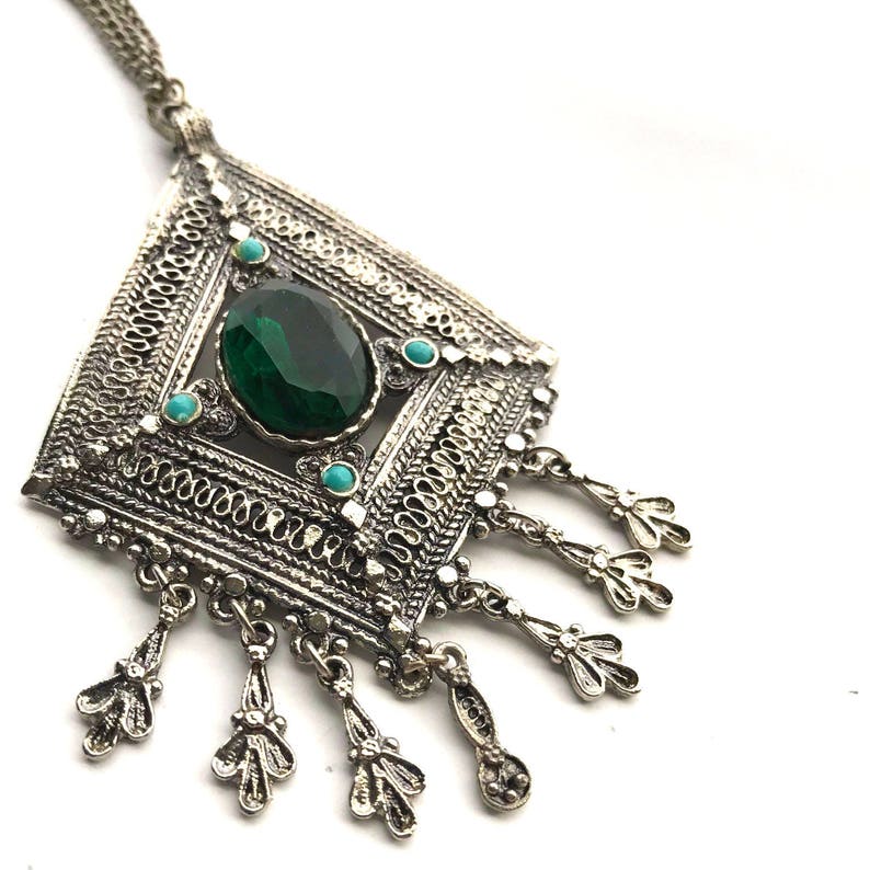 Bali Style Diamond Shape Dangles Gift for Her 26 In Vintage Filigree Facet Emerald Glass Jewel Turquoise Cab Pendant Necklace