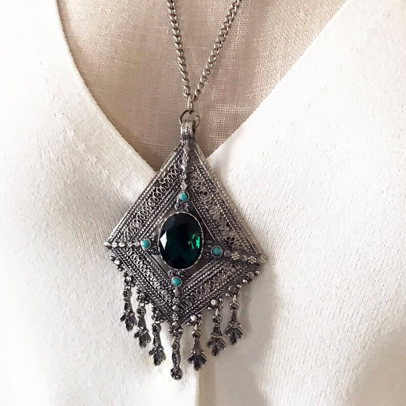 Bali Style Diamond Shape Dangles Gift for Her 26 In Vintage Filigree Facet Emerald Glass Jewel Turquoise Cab Pendant Necklace