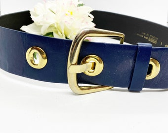 Vintage 90s CARLISLE Belt L, Rich Navy Leather Bold Gold Tone metal framed Holes, Large  Gold Tone  Belt Buckle, Vintage Clothing