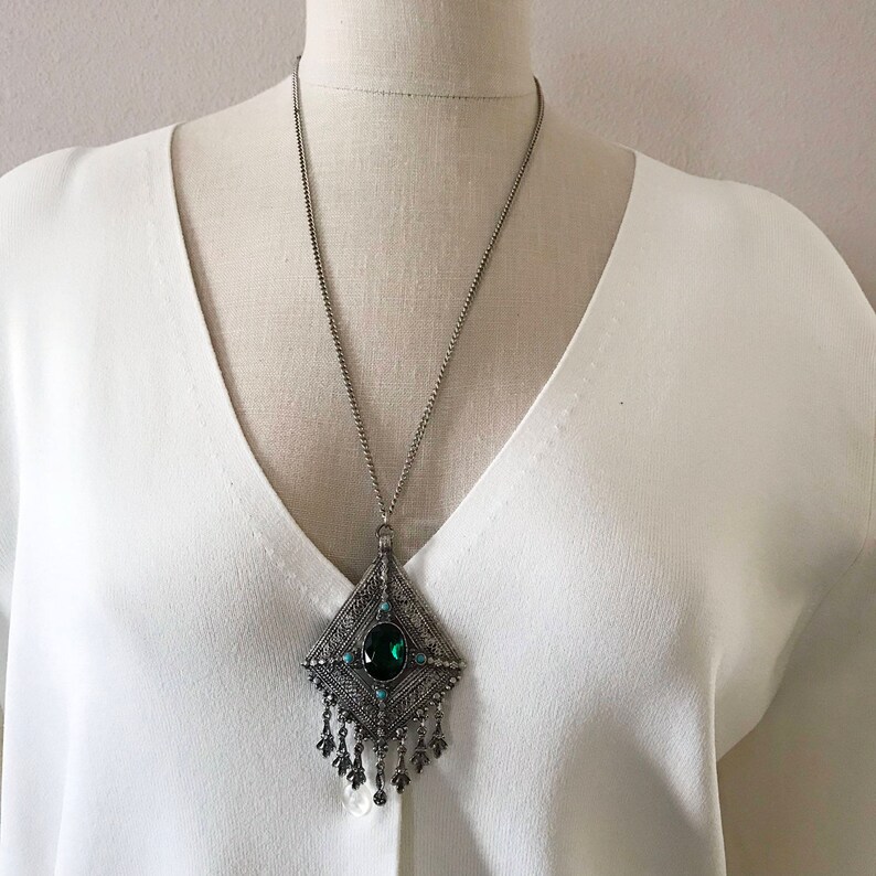 Bali Style Diamond Shape Dangles Gift for Her 26 In Vintage Filigree Facet Emerald Glass Jewel Turquoise Cab Pendant Necklace