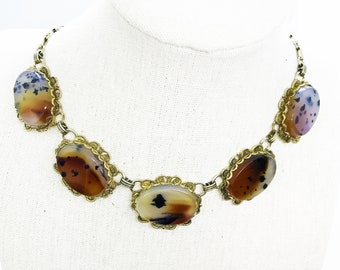 Amazing High-End Vintage Yellowstone River Montana Moss Agate Bib Necklace, Likely Gold Fill, 16.5 Inch