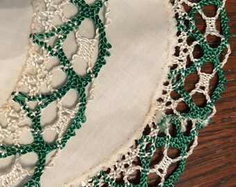 2 Vintage Green White Round Hand Crochet Lace Trimmed Linen Doilies, 1950s Decor,  Sewing Crafts,  Doll Clothes