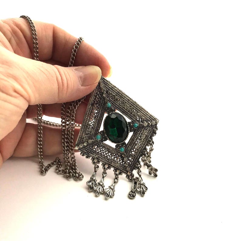 Bali Style Diamond Shape Dangles Gift for Her 26 In Vintage Filigree Facet Emerald Glass Jewel Turquoise Cab Pendant Necklace