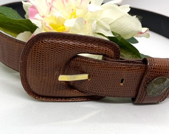 Vintage 90s LIZ CLAIBORNE Belt Casual  LARGE, Faux Alligator Saddle Brown Tan Genuine Leather, Bronze Tone Decor Buckle, Gift for Her