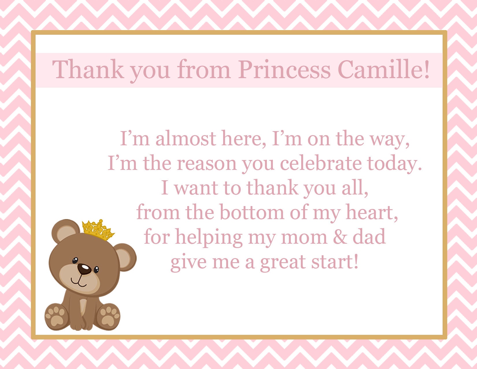 Pink Teddy Personalized Childrens Party Thank You Cards 