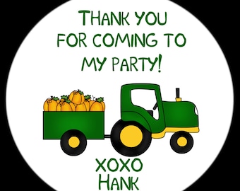 May include: A circular sticker with a green tractor pulling a wagon filled with pumpkins. The text "THANK YOU FOR COMING TO MY PARTY!" is above the tractor, and "XOXO Hank" is below.