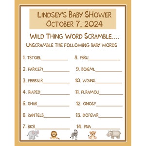 24 personalisierte Baby Shower Word Scramble Spielkarten JUNGLE BABIES - Zoo Shower Game - Safari Shower Game
