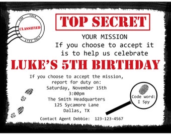 20 Personalized Birthday Invitations   - Top Secret  - Spy Party - Secret Agent - Mystery Party