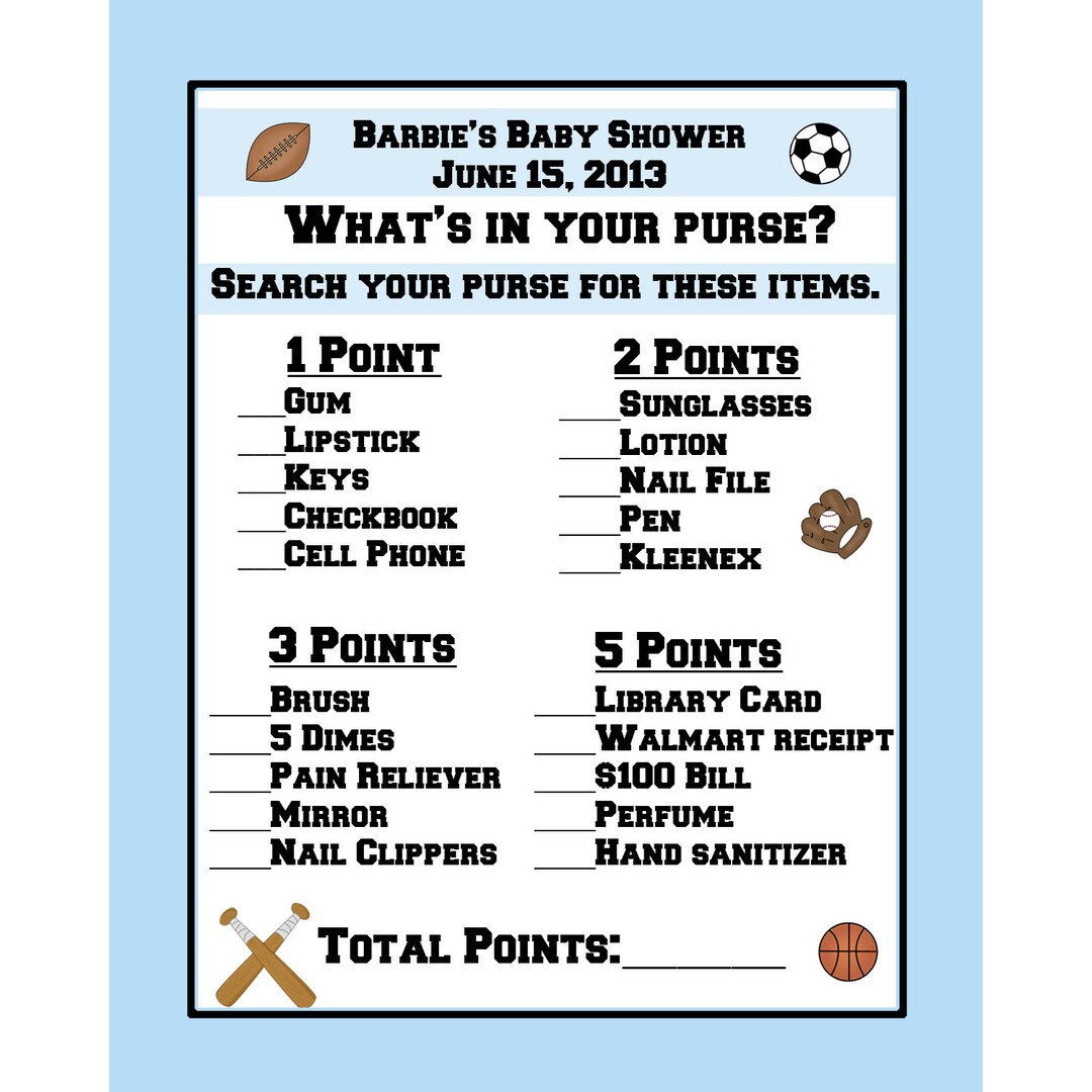 24 Baby Shower Game Cards Whats in Your Purse Game Sports Theme Etsy