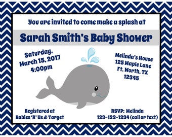 20 Personalized Baby Shower Invitations   - Whale Design - Nautical Baby Shower Invitations - Beach Baby Shower - Ocean Baby Shower