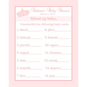 24 Personalizzato Baby doccia Word Scramble gioco di carte - Crown Princess