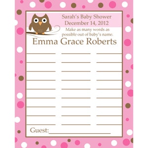 24 Gioco di nomi personalizzati per baby shower - Pink Baby Owl