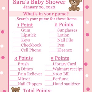 24 Baby Shower Game Cards Whats In Your Purse Game - Pink Polka Dot Teddy Bear Baby Shower - Teddy Bear in Blue - Purse Game