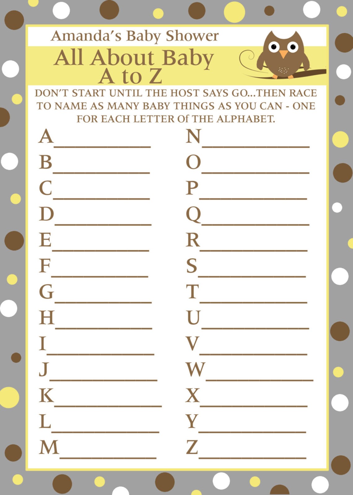 24 Personalized Baby Shower A To Z Game Cards BABY OWL Design Etsy