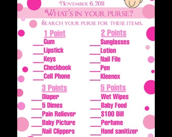 24 Personalized Baby Shower Game Cards - What's in Your Purse Game - Pink Polka Dot