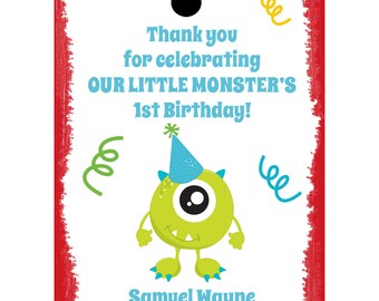 24 Personalized Birthday Favor Tags - Little Monster Theme - Little Monster Birthday Favor Tags