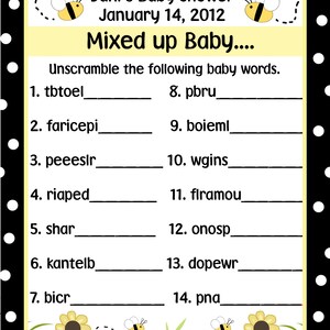 24 personalizzato Baby doccia Word Scramble gioco carte - Baby Bee - Bumble Bee