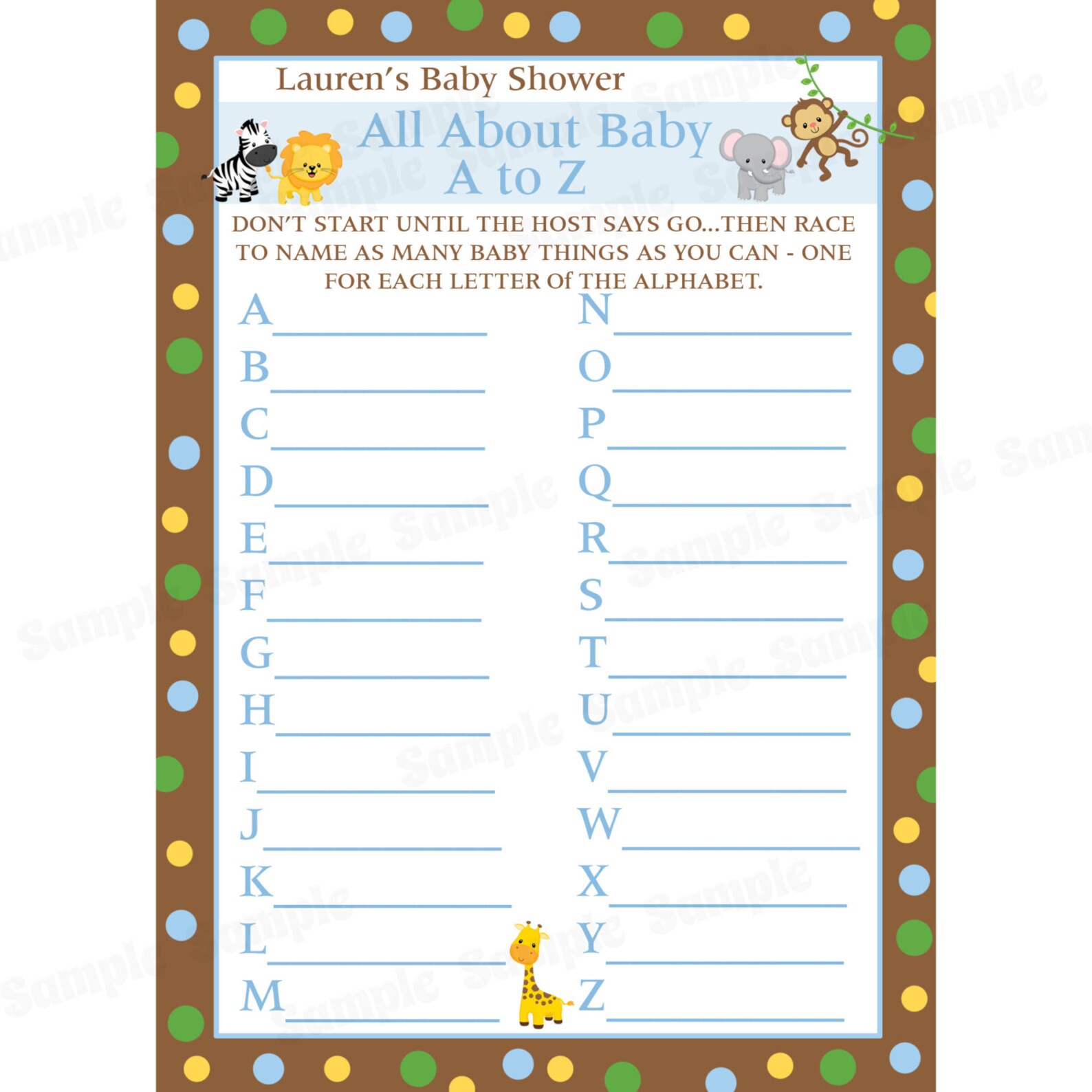 24 Personalized Baby Shower A to Z Game Cards Zoo Animals Etsy