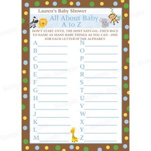 Douche de bébé personnalisé 24 A à Z jeu de cartes - animaux de Zoo