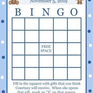24 tarjetas de bingo personalizadas de baby shower - Blue Teddy Bear Baby Shower - Bear Bingo Cards