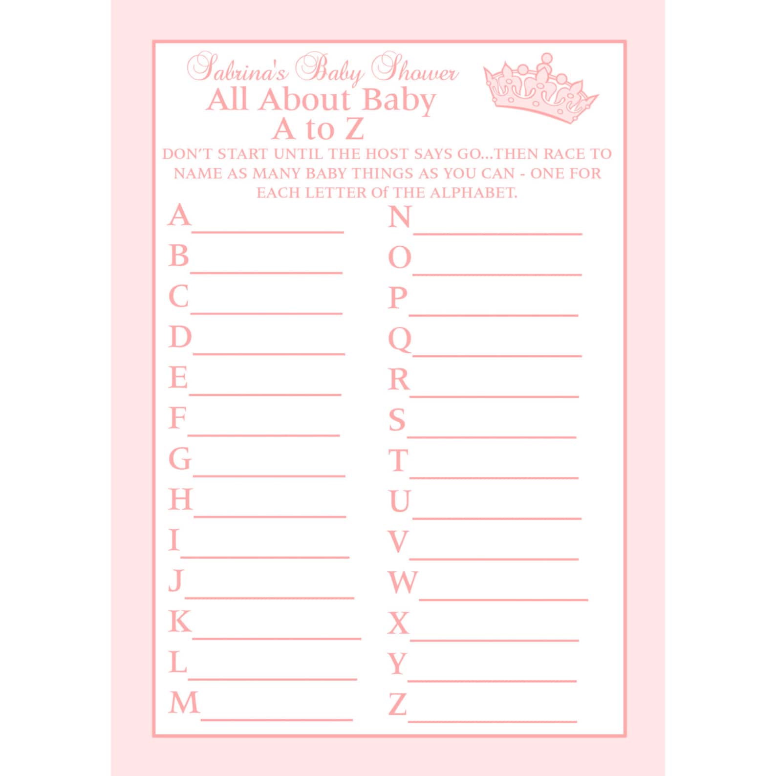 24 Personalized Baby Shower A To Z Game Cards Princess Crown Etsy