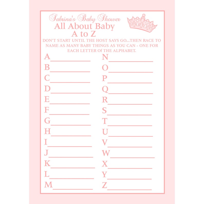 24 Personalized Baby Shower A to Z Game Cards Princess Crown Etsy