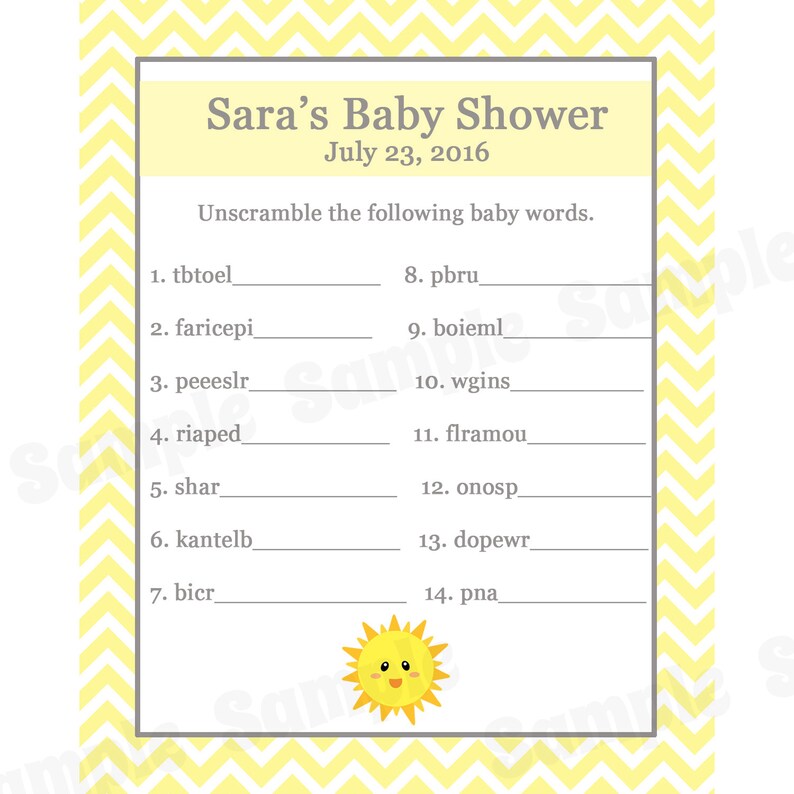 24 Personalized Baby Shower Word Scramble Game Cards You Are My Sunshine Baby Shower Sunshine Baby Shower image 1