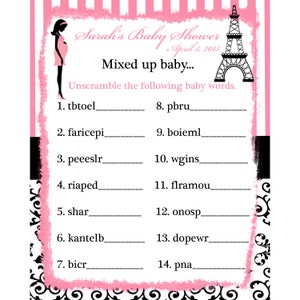 24 personalizzati Baby doccia Word Scramble gioco carte - tema di Parigi