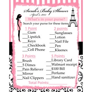 24 cartes jeu de douche bébé personnalisé - ce qui est dans votre sac à main - thème Paris