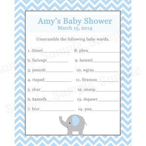 24 personalizado bebé ducha Word Scramble juego tarjetas elefante