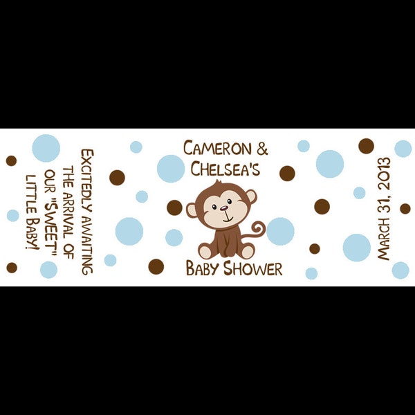 120 Personalized Baby Shower Mini Candy Bar Labels -  Little Monkey - Blue