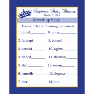 24 personnalisée Word Scramble bébé douche jeu cartes - Petit Prince - Royal et l'or