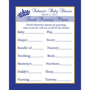 24 cartes de jeu de douche de bébé personnalisées - Finish Mommy’s Phrase - Petit Prince - Royal et Or