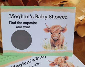 24 Personalized Scratch Off Game Cards -Any Age Birthday Design - Baby or Bridal Shower- Highland Cow - Mini Cow - PRINTED AND SHIPPED