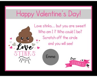 Personalized Scratch Off Valentine's Day Cards for Kids -PRINTED and shipped - You Pick Quantity - Love Stinks Poop Emoji- School Valentines