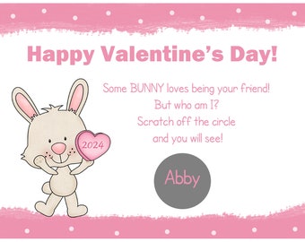 Personalized Scratch Off Valentine's Day Cards for Kids -PRINTED and shipped - You Pick Quantity - Bunny Pink Design - School Valentines