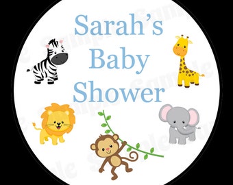 30 Personalized Round Stickers - Zoo Animals Baby Shower -1.5" Inches