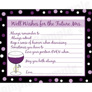 36 tarjetas de consejos de despedida de soltera - deseos para la señora.   -Vino y anillos - morados
