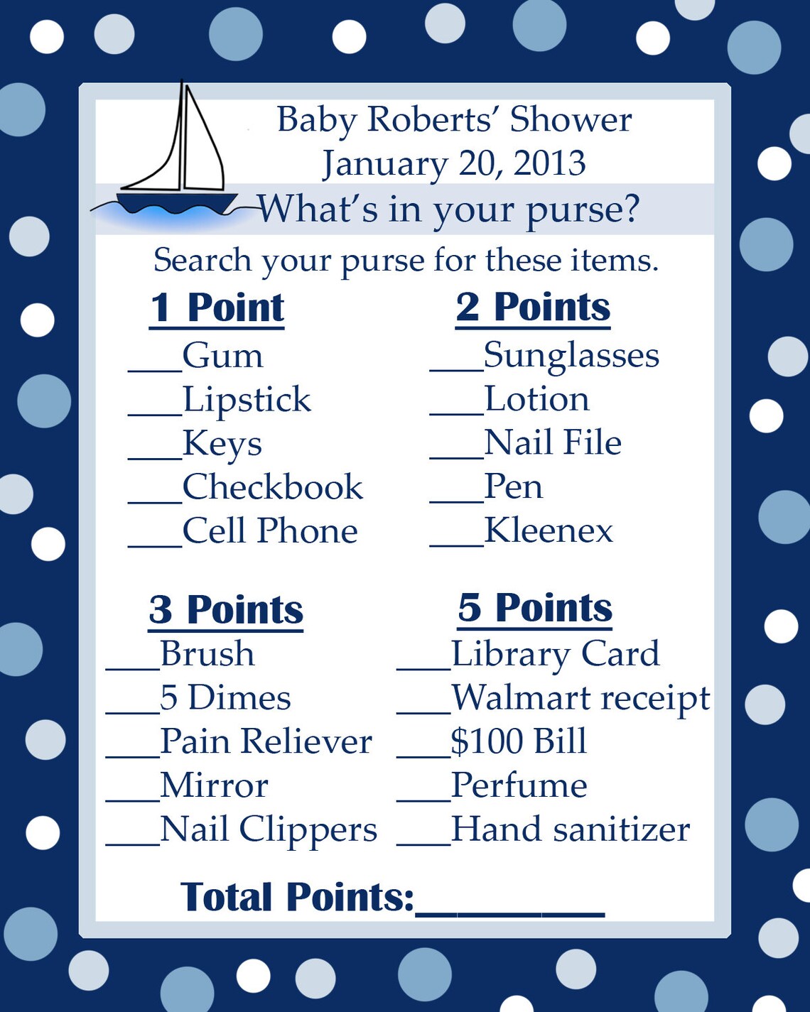 24 Baby Shower Game Cards Whats in Your Purse Game AHOY - Etsy