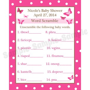 24 Personalizzato Baby Shower Word Scramble Game Cards PINK Butterfly Baby Shower