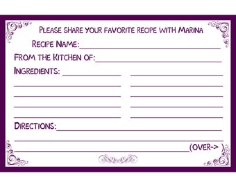 30 Bridal Shower Recipe Cards   PERSONALIZED  - Purple - Plum -  4x6" Size