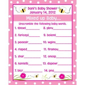 24 personalizzato Baby Shower Word Scramble gioco carte - doccia mamma-a-BEE - Bee rosa Baby Shower