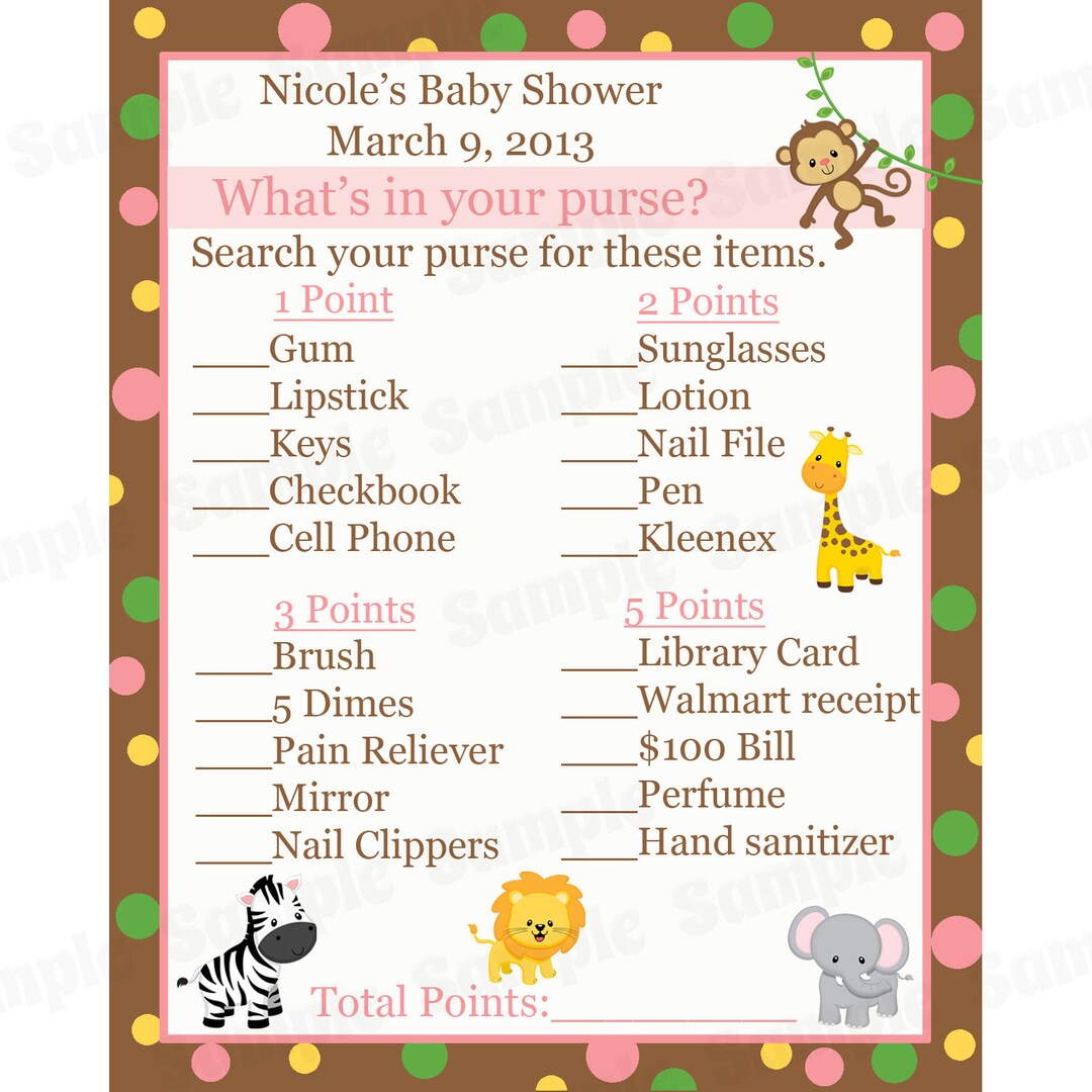 24 Baby Shower Game Cards Whats in Your Purse Game - Zoo Animals in ...