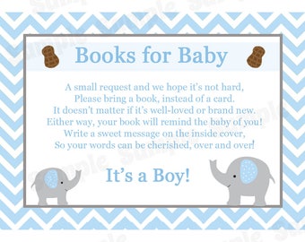24 Books For Baby Insert Cards -  Baby Shower Cards - Bring a Book Instead of a Card -  Elephant Baby Shower - Blue