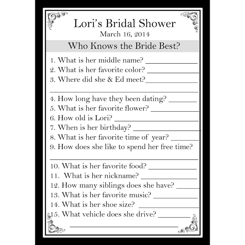 24 Personalized Bridal Shower Game Cards Who Knows The Bride Best Classic Black image 1